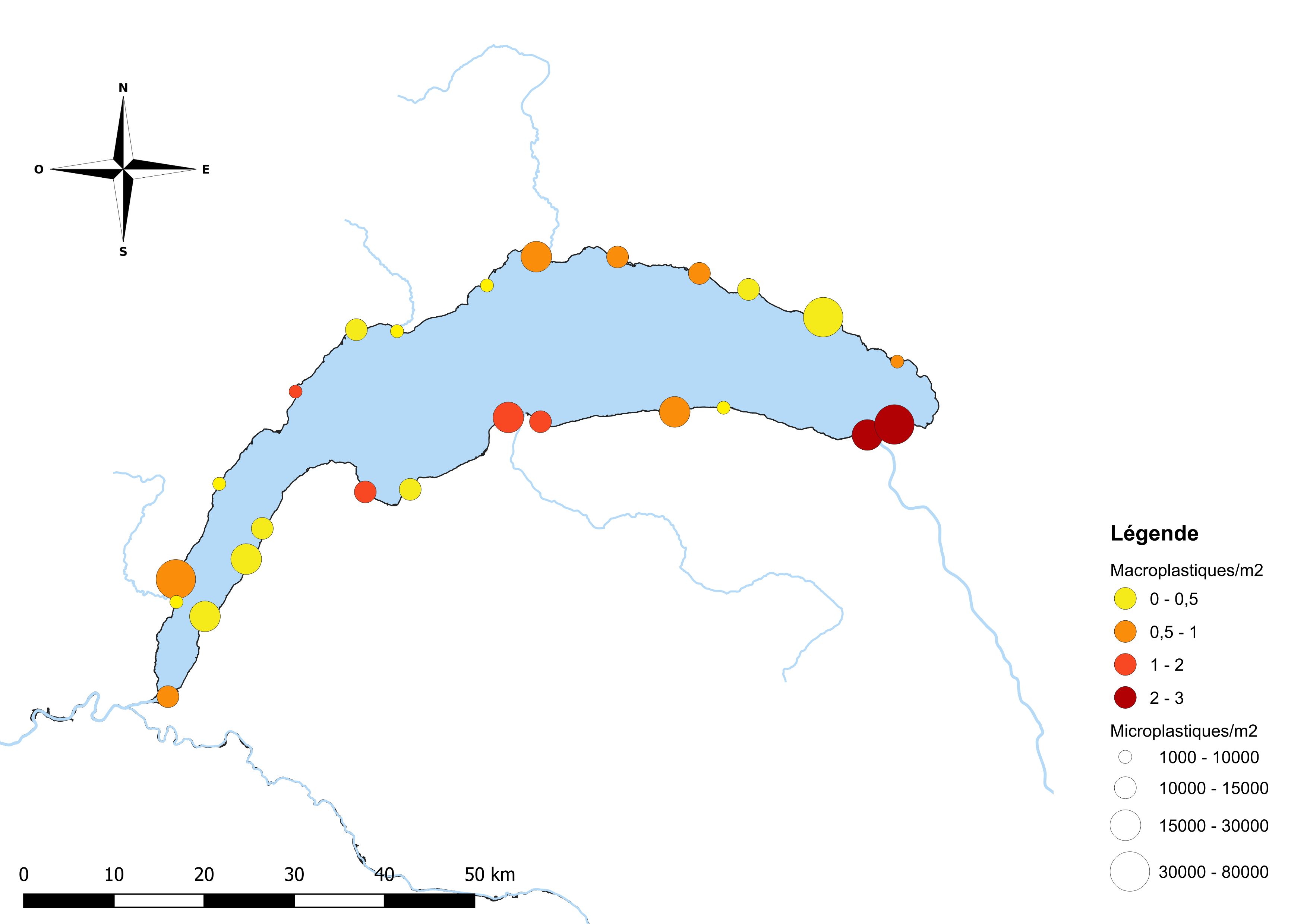 Map of results Lac Léman, macro and micro plastics.